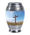 Christ Urn in blue sky for cremation Or Memorial Day