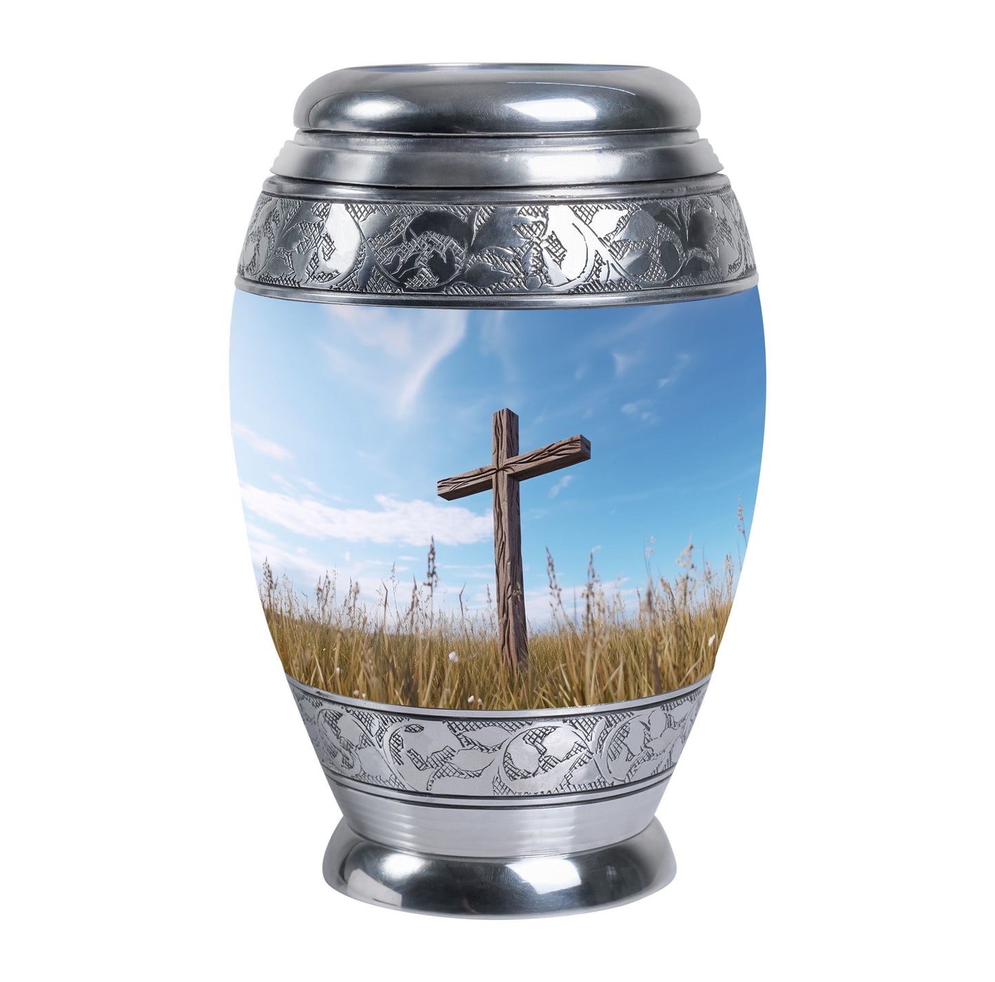 Christ Urn in blue sky for cremation Or Memorial Day
