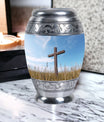 Christ Urn in blue sky for cremation Or Memorial Day