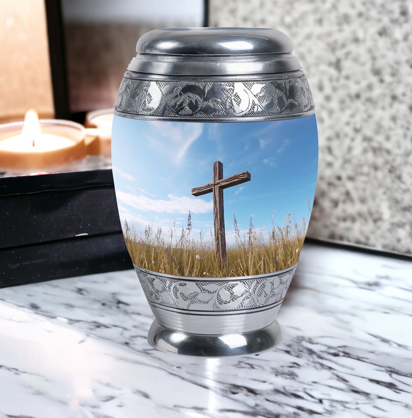 Christ Urn in blue sky for cremation Or Memorial Day
