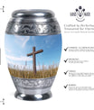 Christ Urn in blue sky for cremation Or Memorial Day