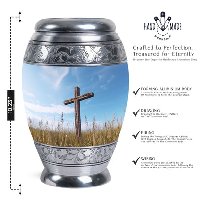 Christ Urn in blue sky for cremation Or Memorial Day