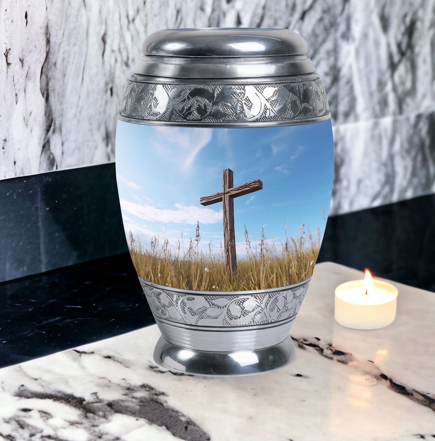 Christ Urn in blue sky for cremation Or Memorial Day