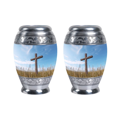 Christ Urn in blue sky for cremation Or Memorial Day