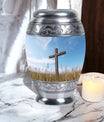 Christ Urn in blue sky for cremation Or Memorial Day