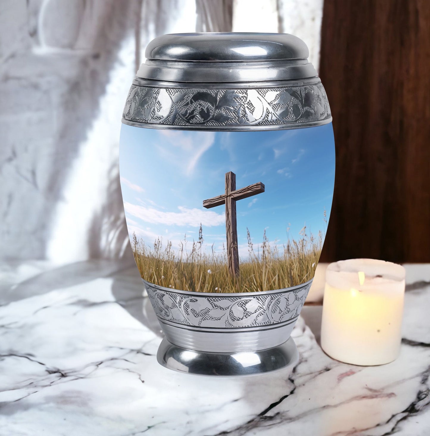 Christ Urn in blue sky for cremation Or Memorial Day