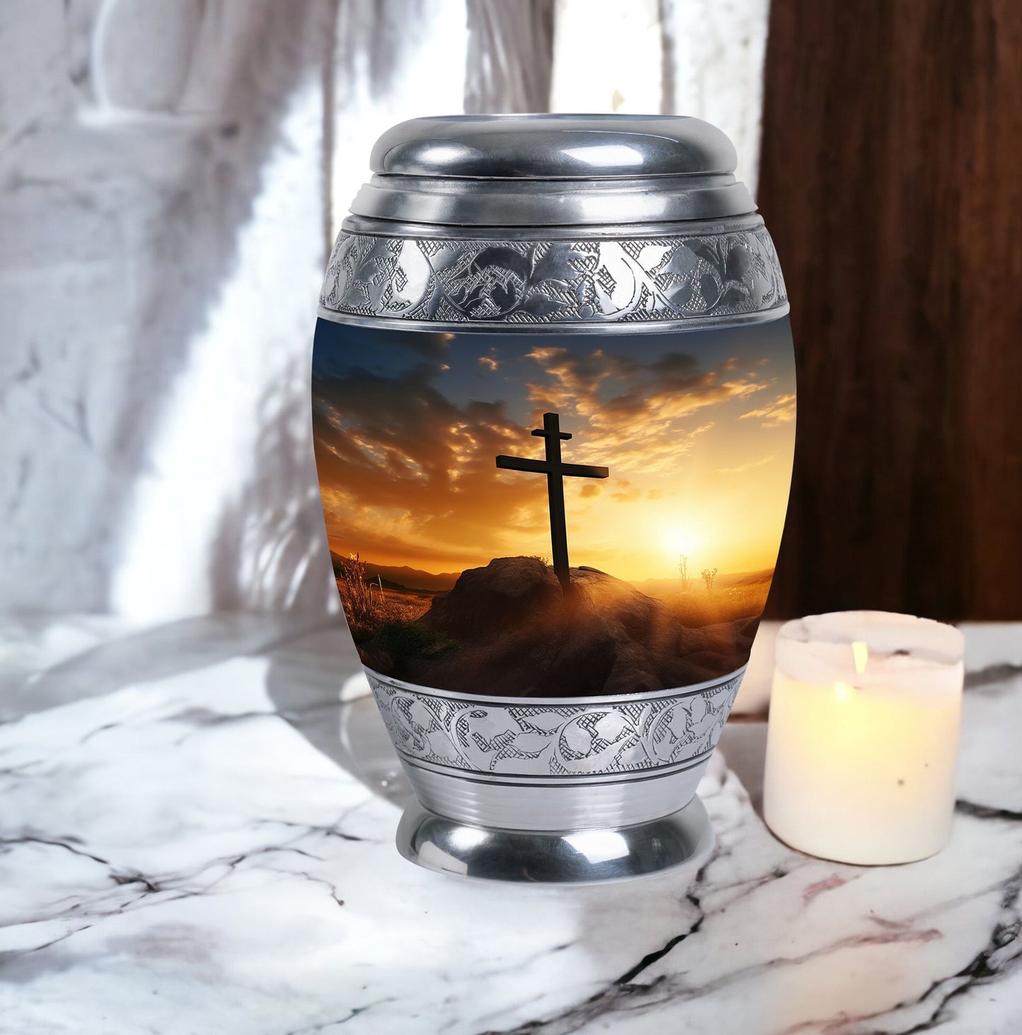 Crucifixion of Jesus Christ memorial urn.