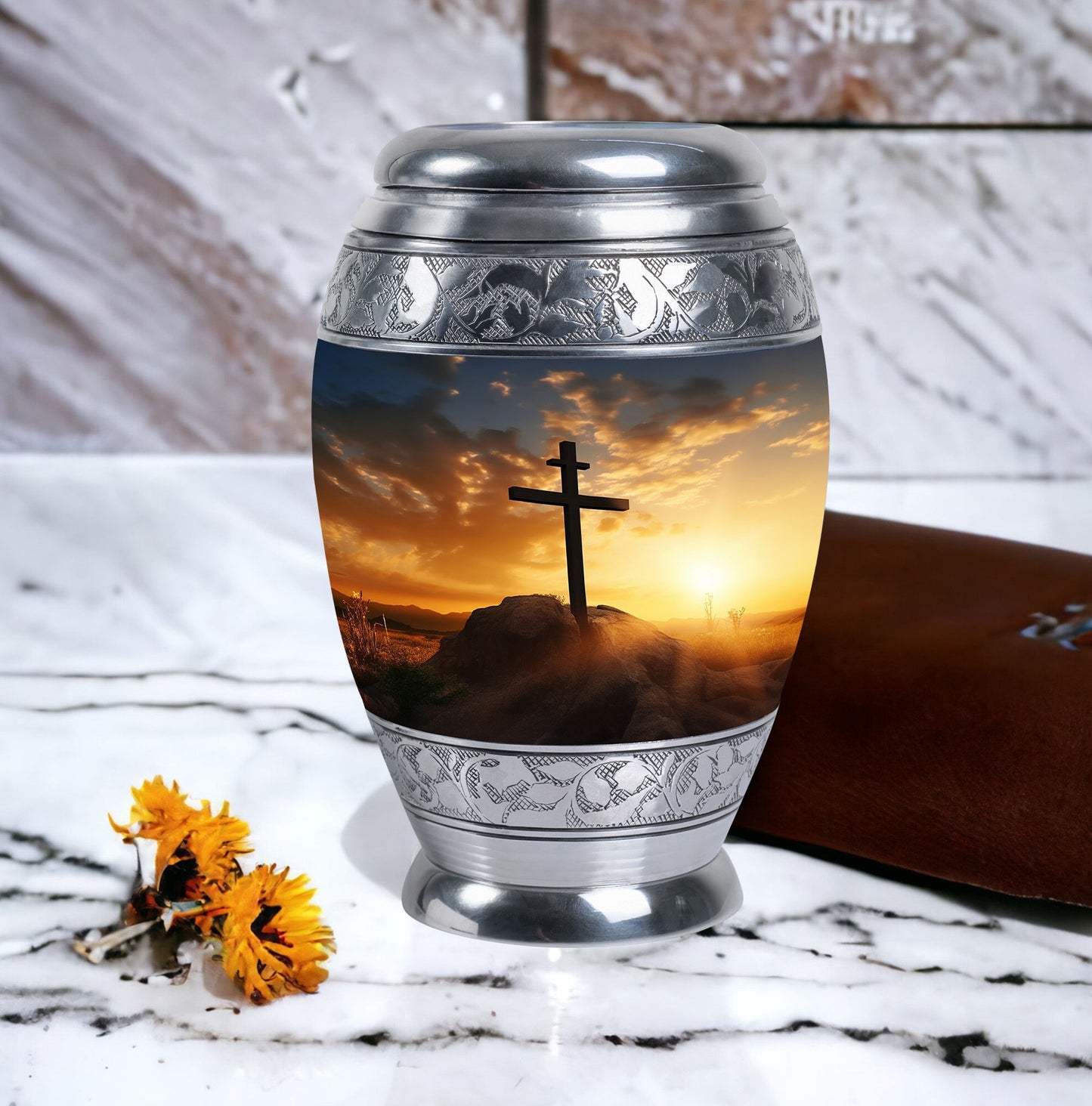 Crucifixion of Jesus Christ memorial urn.