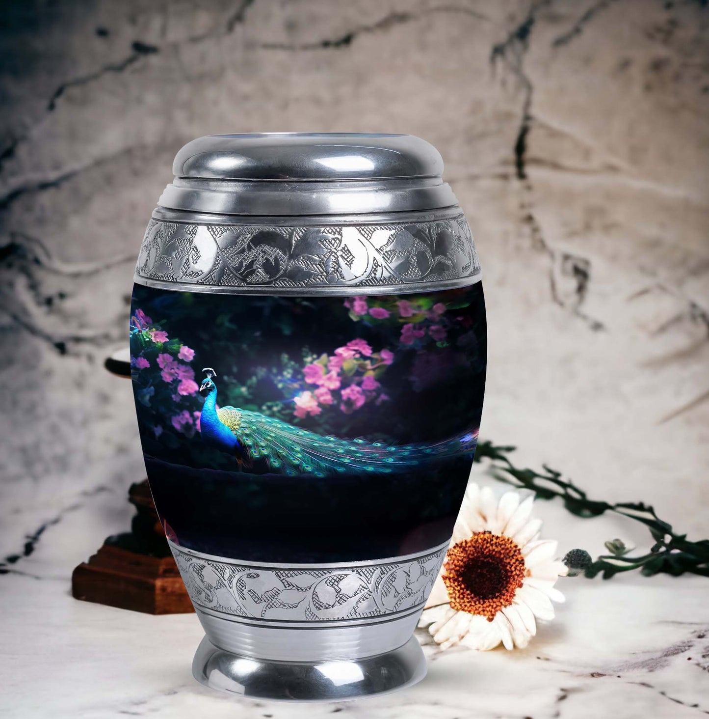 Classic Peacock Urn in Aluminum, Large Urn