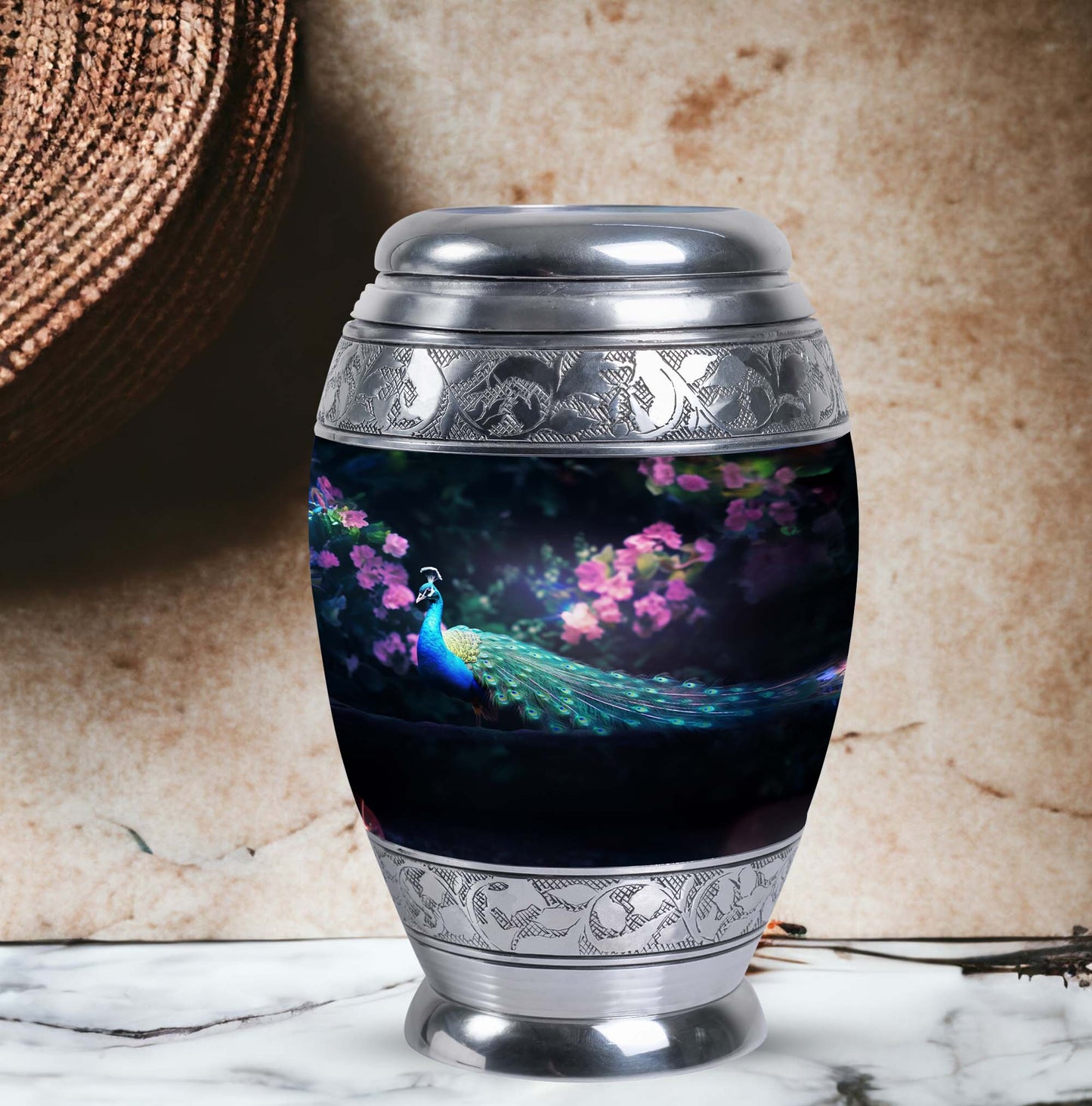 Classic Peacock Urn in Aluminum, Large Urn