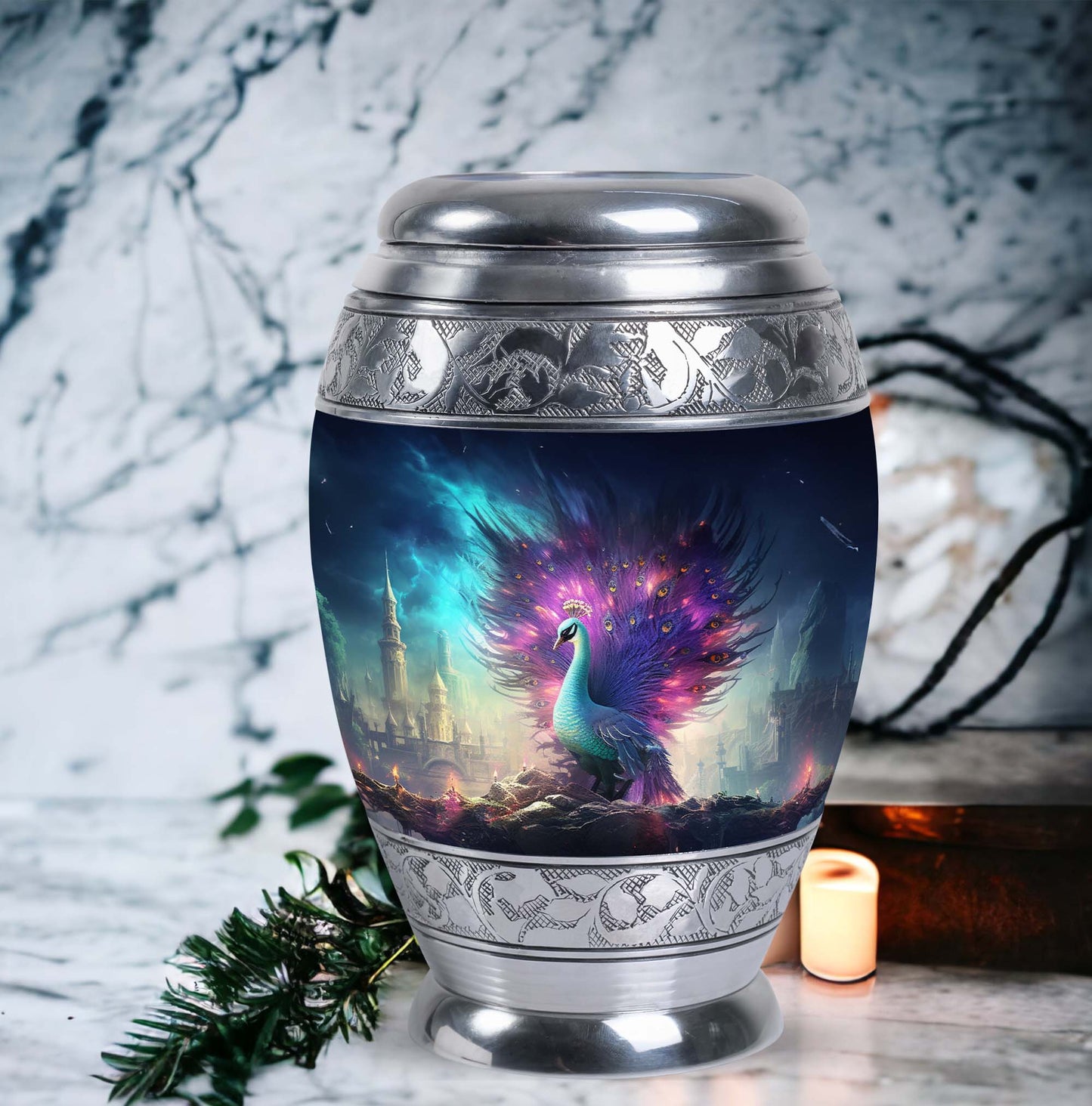 Peacock Memorial Urn for adult human cremation ashes