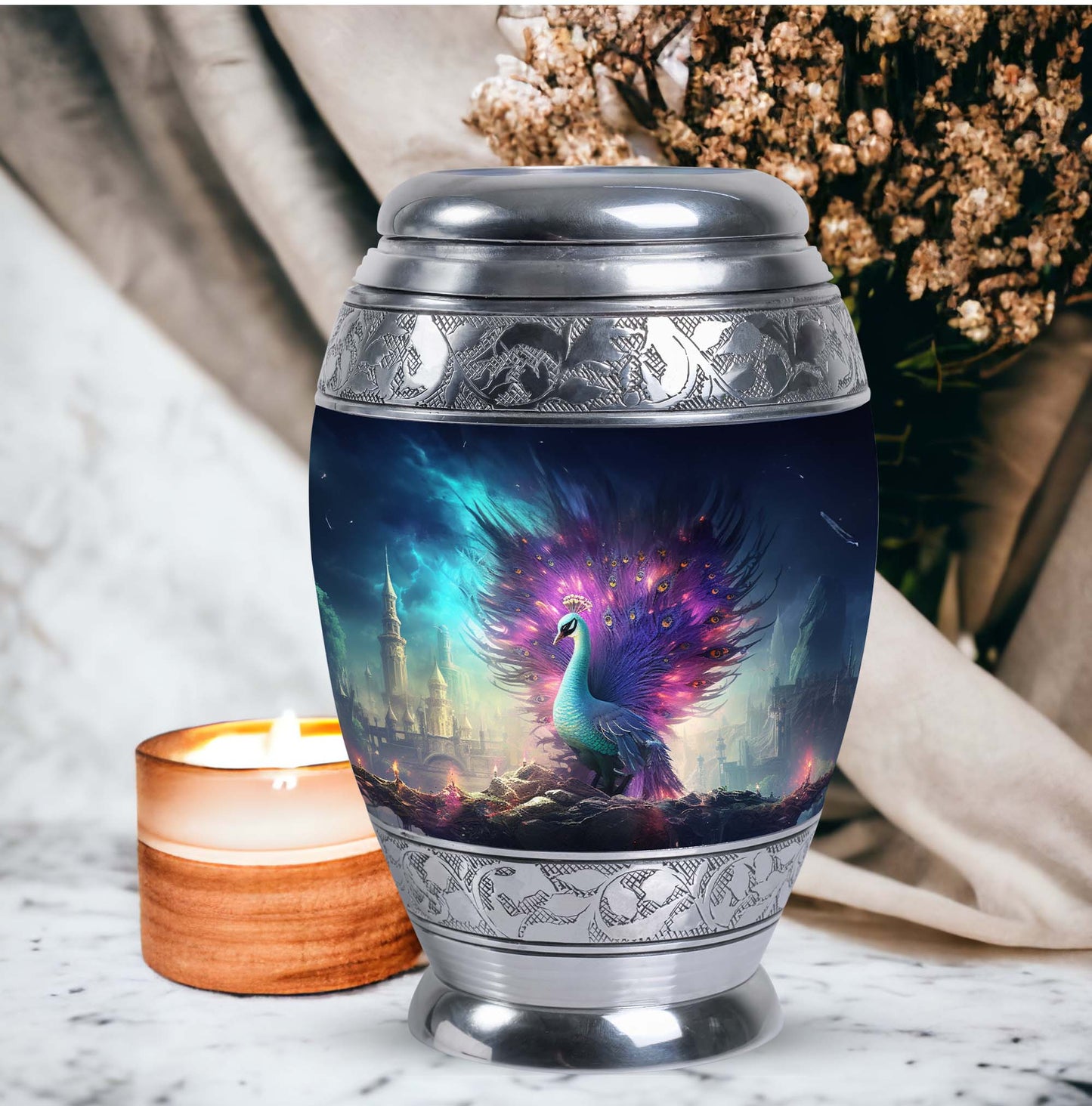 Peacock Memorial Urn for adult human cremation ashes