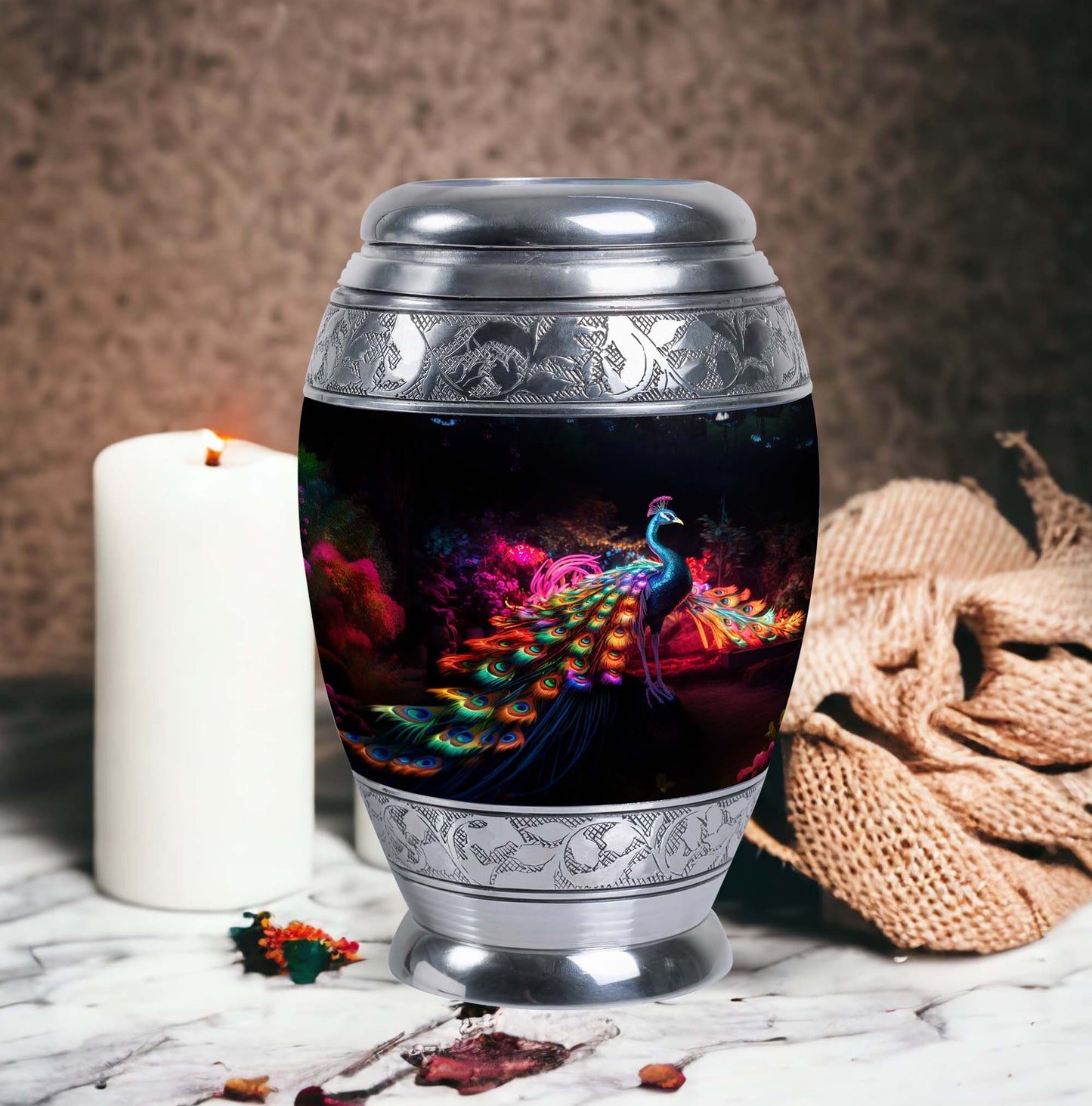 Classic Peacock Cremation Urn with 200 cubic inch capacity