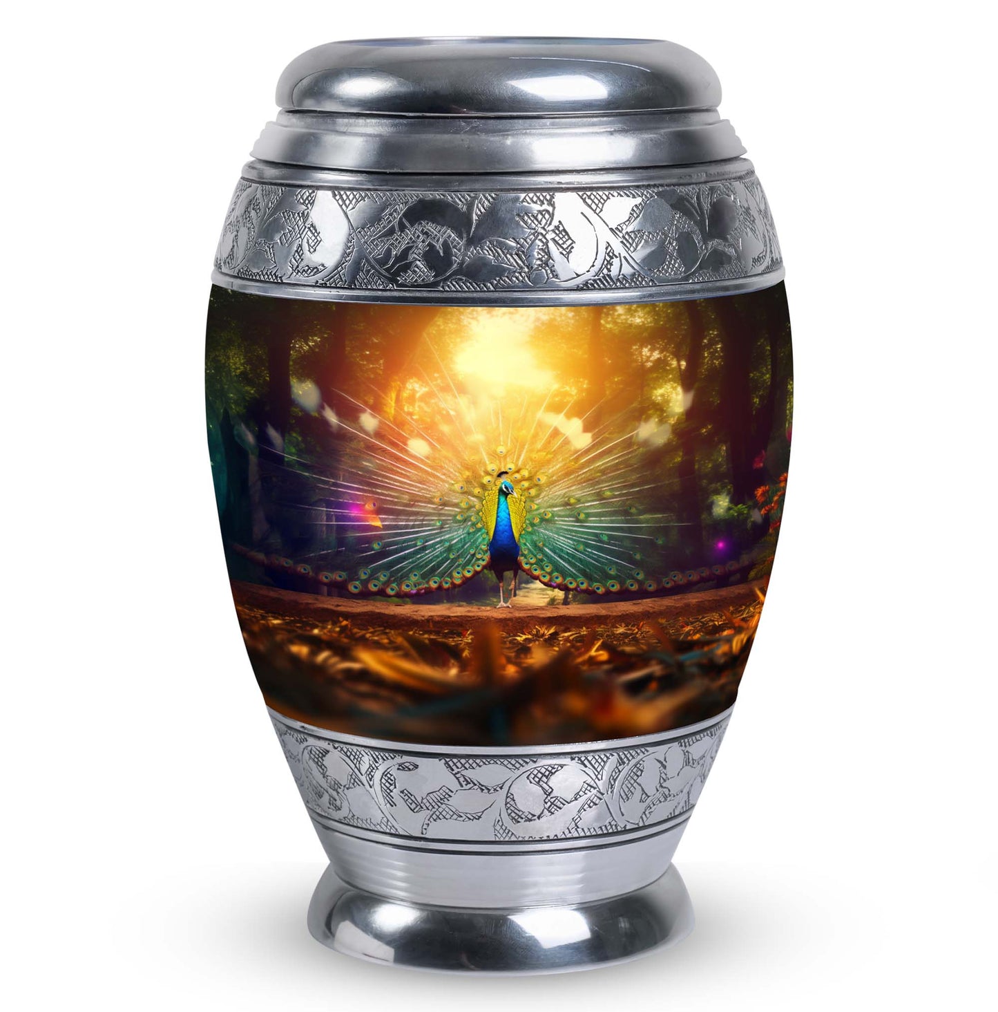 Peacock Urn for Ashes, personalized with engraved names