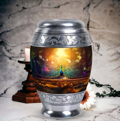 Peacock Urn for Ashes, personalized with engraved names