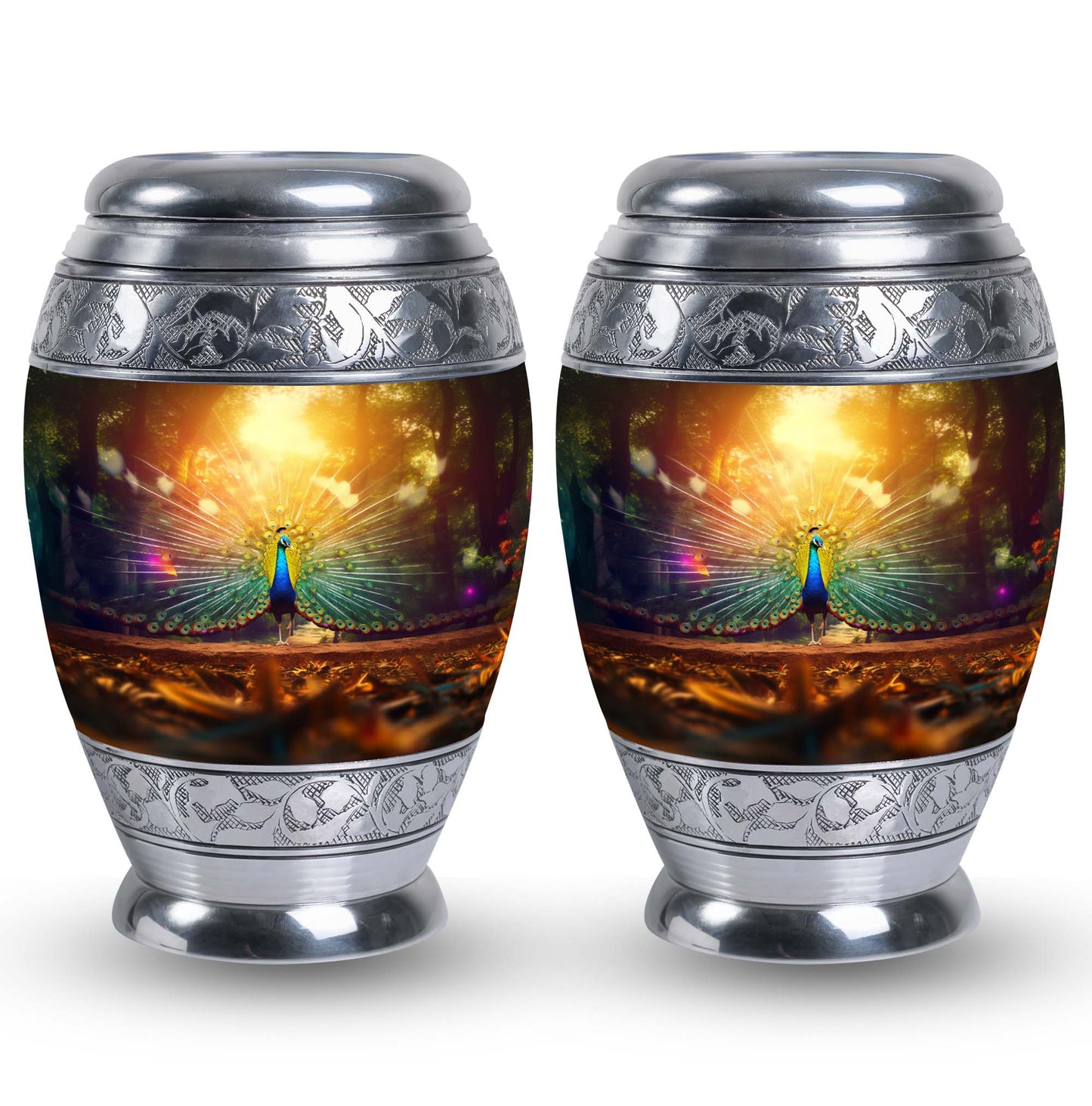 Peacock Urn for Ashes, personalized with engraved names