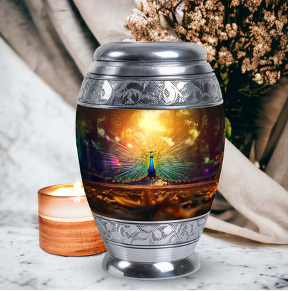 Peacock Urn for Ashes, personalized with engraved names