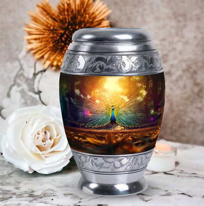 Peacock Urn for Ashes, personalized with engraved names