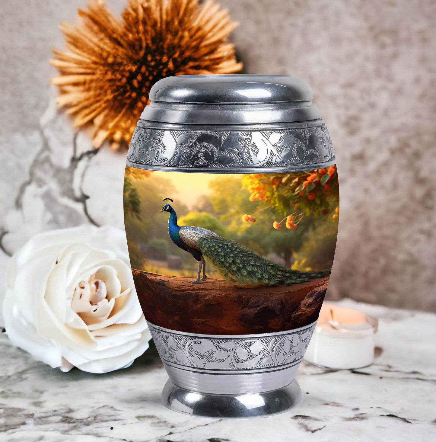 Classic Peacock Urn, designed for human ashes.