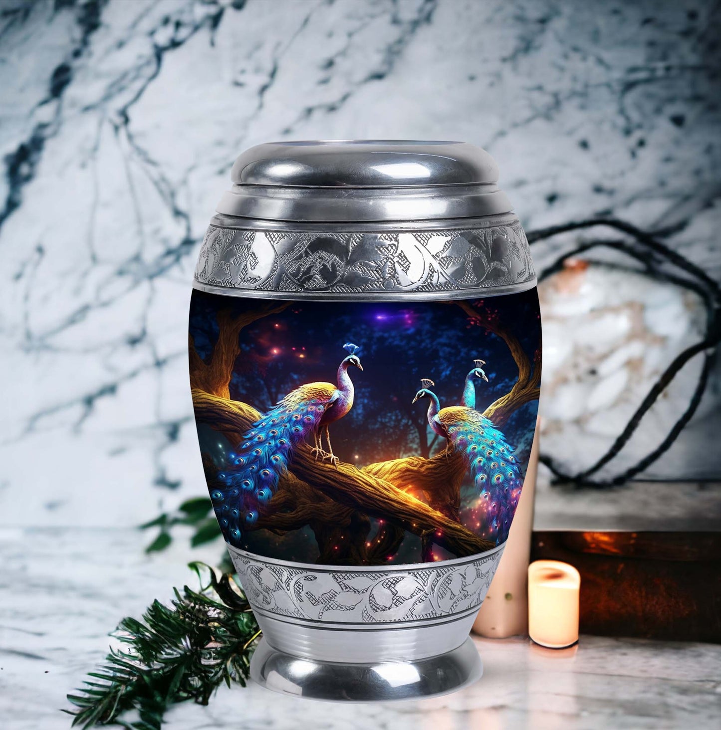 Peacock Memorial Urn, aluminium-made, weighs 3.3 pounds