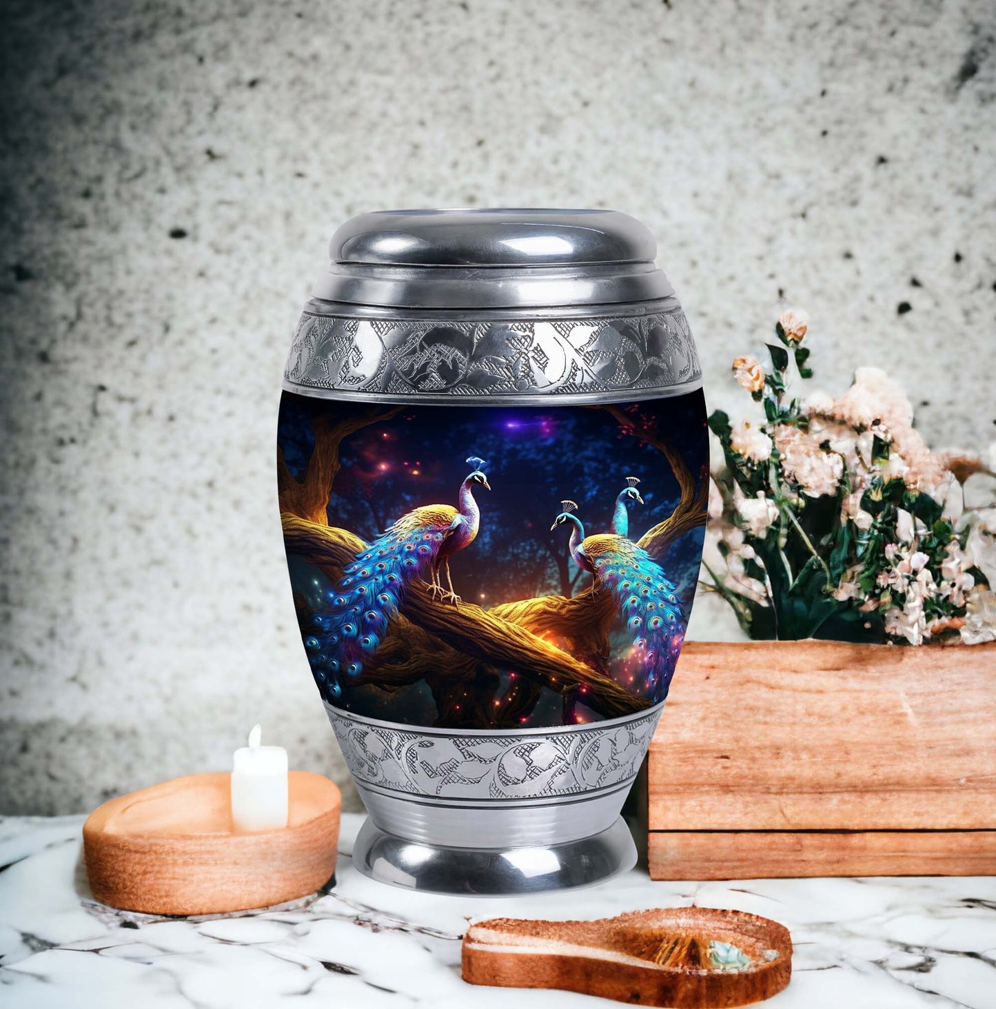 Peacock Memorial Urn, aluminium-made, weighs 3.3 pounds