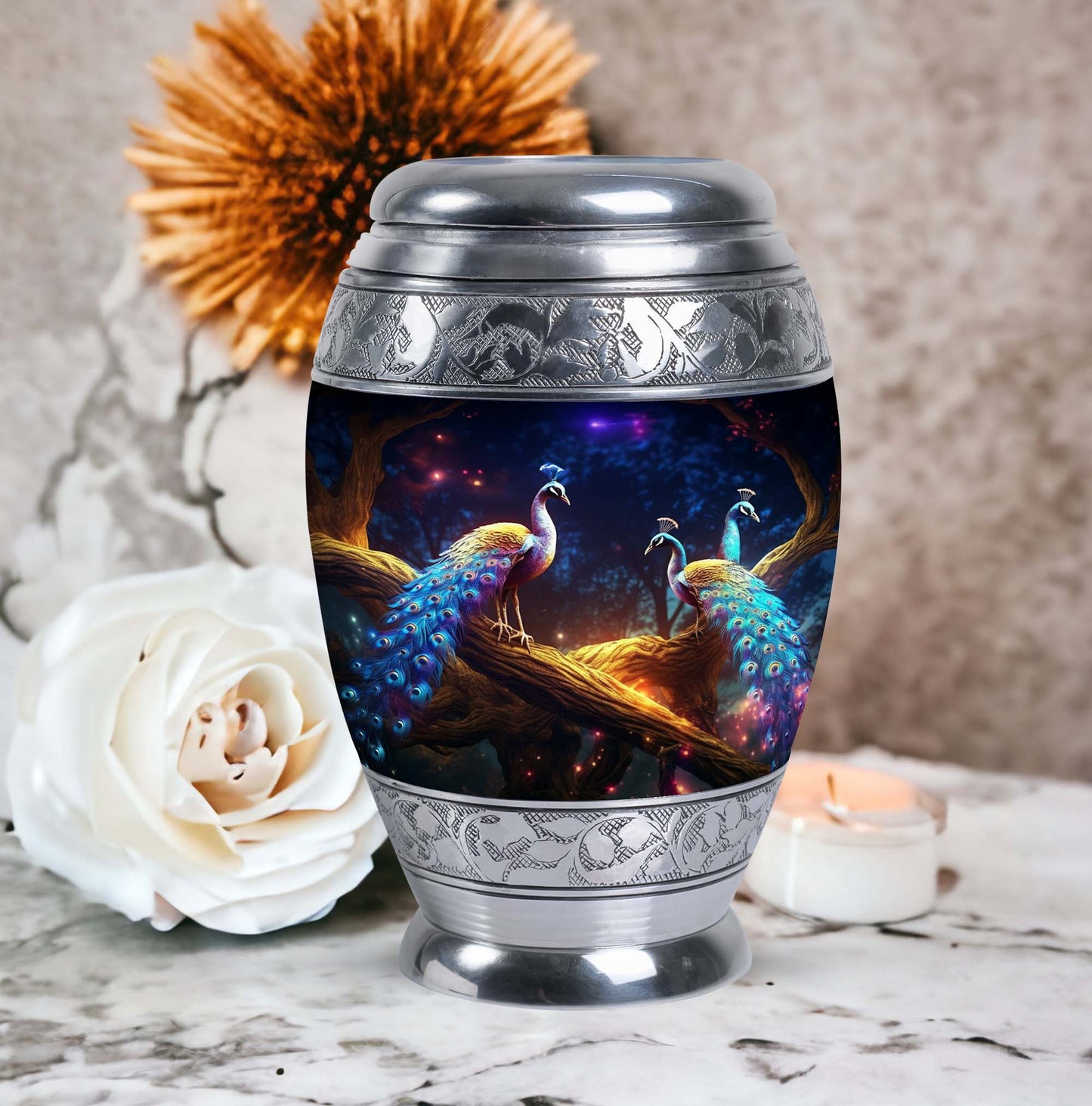 Peacock Memorial Urn, aluminium-made, weighs 3.3 pounds