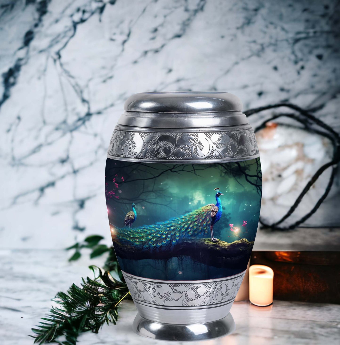 Classic large Peacock Urn for cremation.