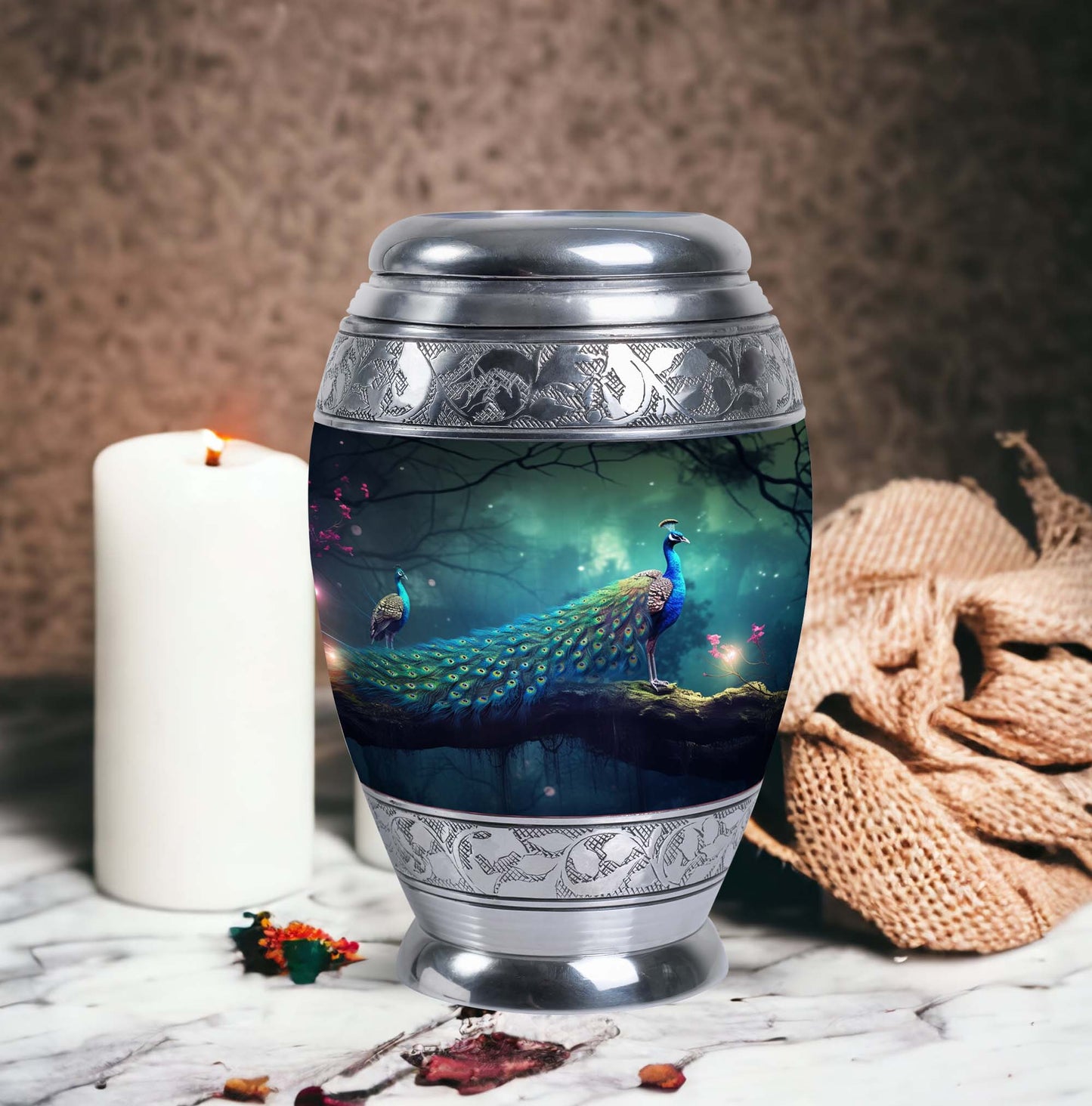 Classic large Peacock Urn for cremation.