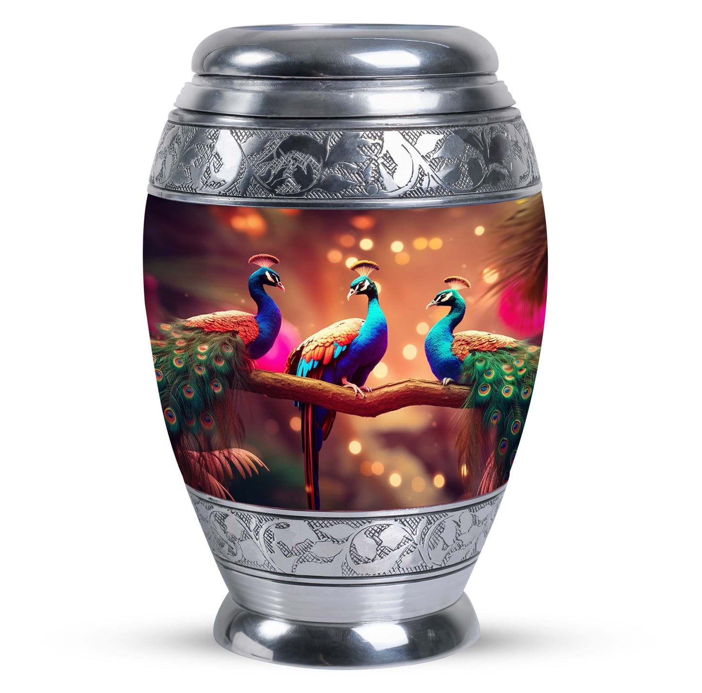 Large Classic Peacock cremation urn made of aluminium
