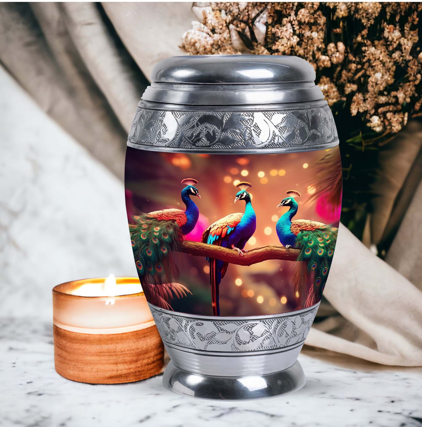 Large Classic Peacock cremation urn made of aluminium