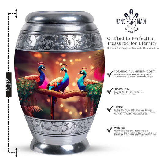 Large Classic Peacock cremation urn made of aluminium