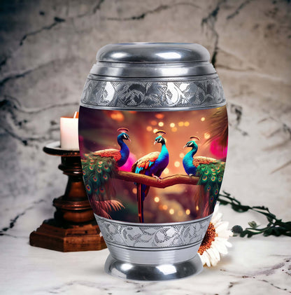Large Classic Peacock cremation urn made of aluminium