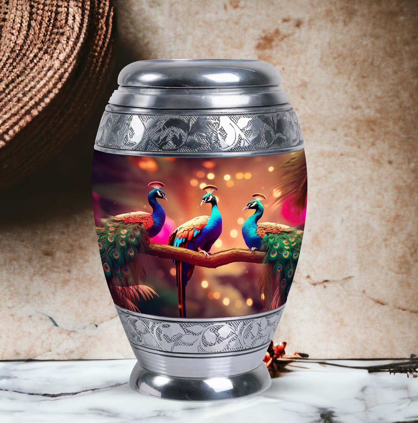 Large Classic Peacock cremation urn made of aluminium