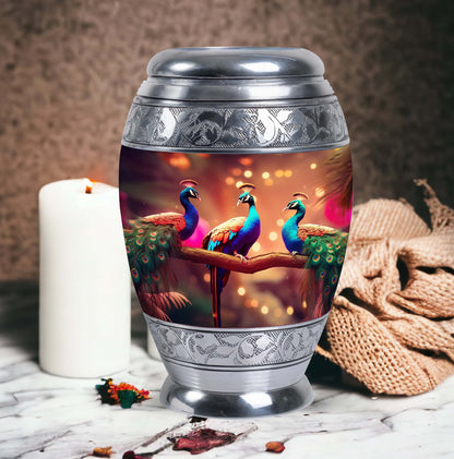 Large Classic Peacock cremation urn made of aluminium
