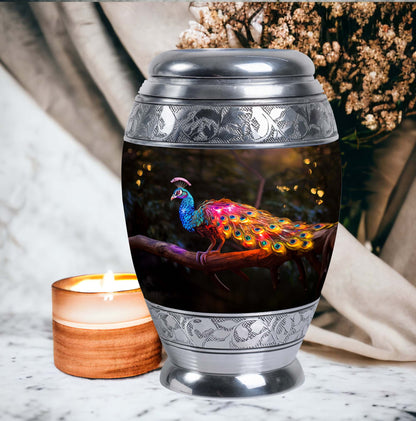 Classic Peacock Urn for ashes, Large Aluminium Memorial Urn