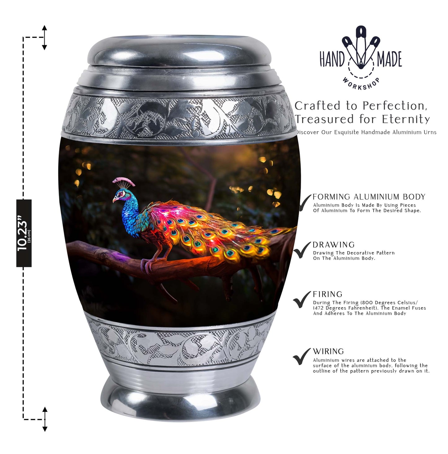 Classic Peacock Urn for ashes, Large Aluminium Memorial Urn