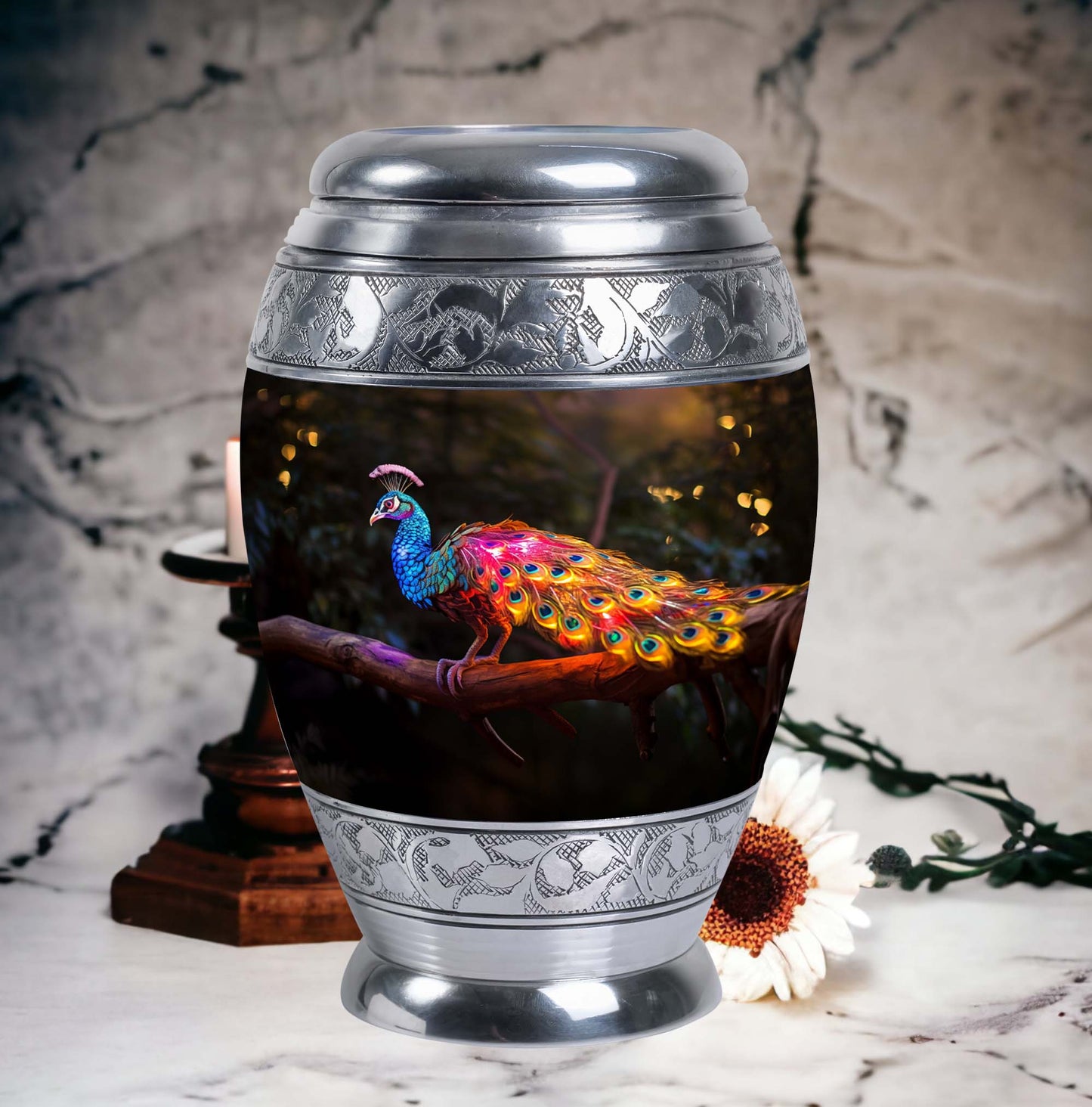 Classic Peacock Urn for ashes, Large Aluminium Memorial Urn
