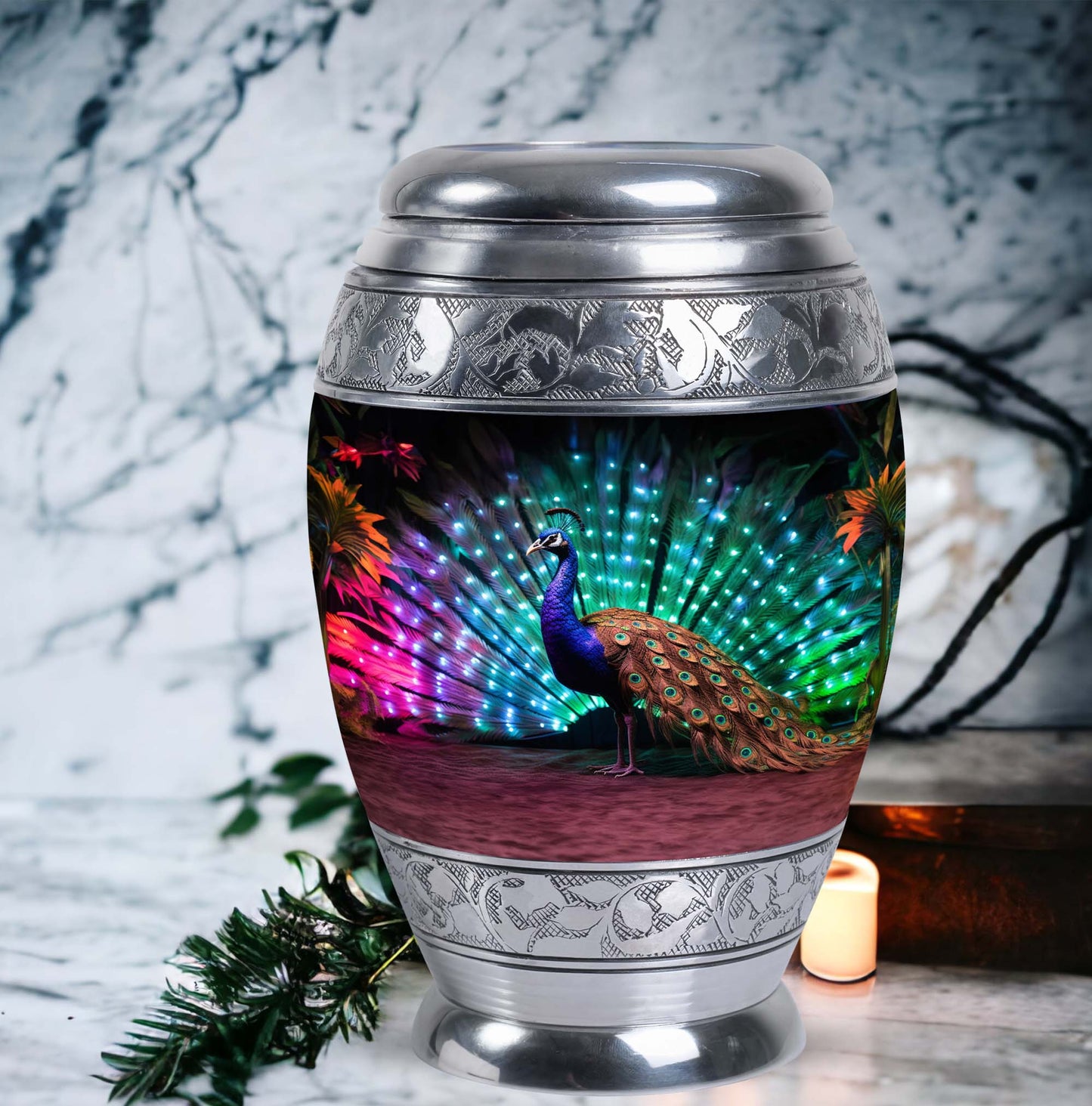 Classic 3-inch Peacock Cremation Urn, large aluminium urn