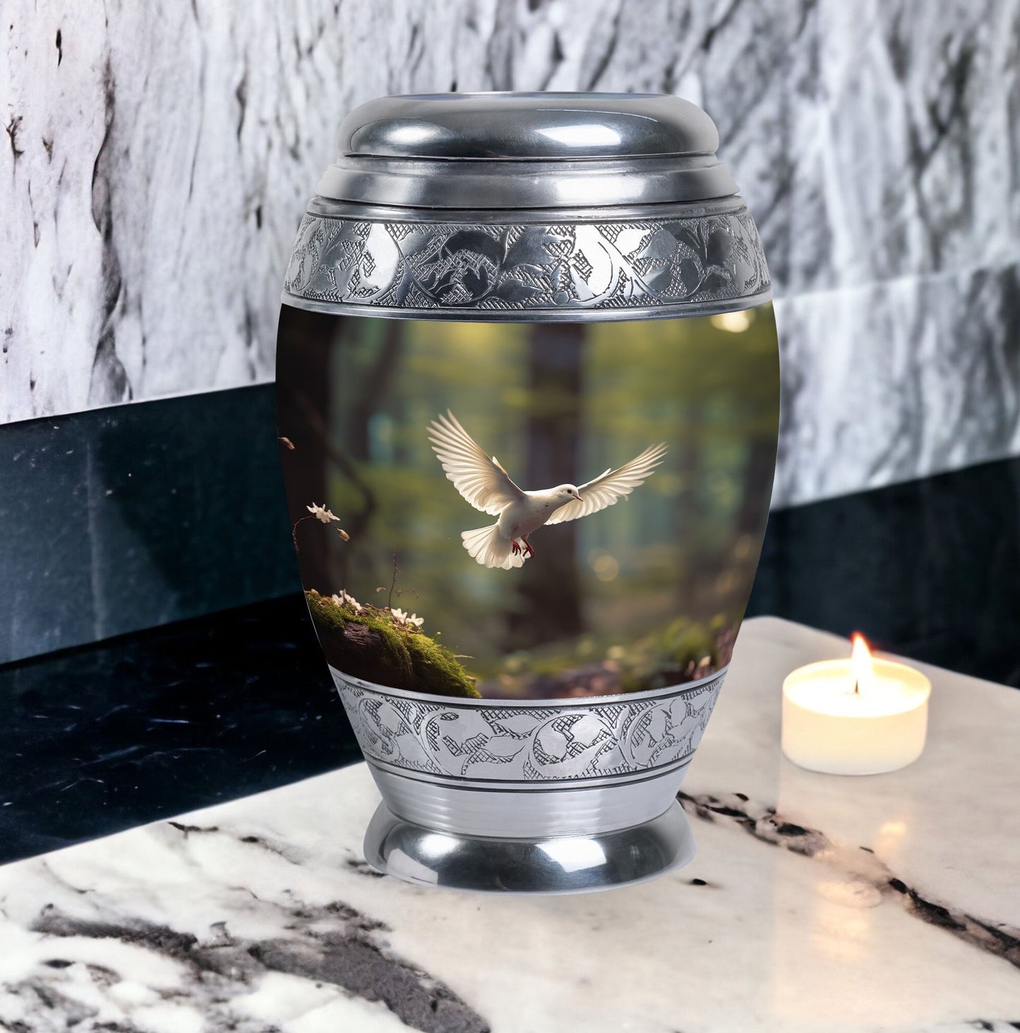 Dove flying Memorial Urn , made from Aluminium.