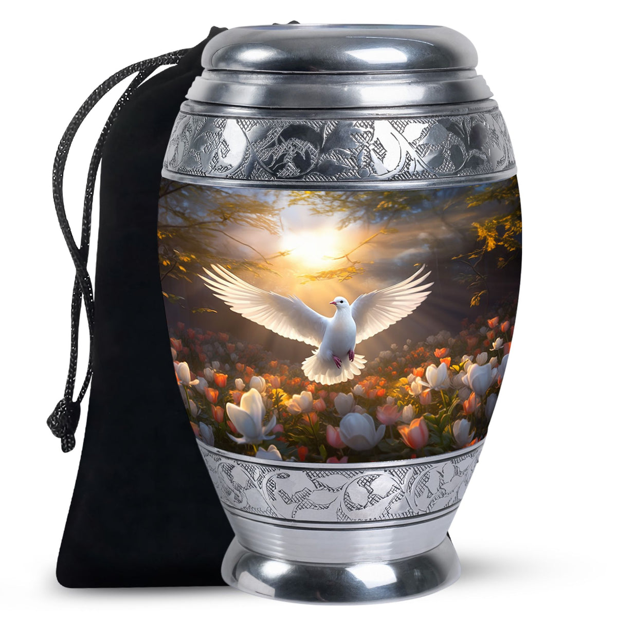 Bird Urn for Human Ashes with Silver Finish and White Dove, Autumn Floral Cremation Urn