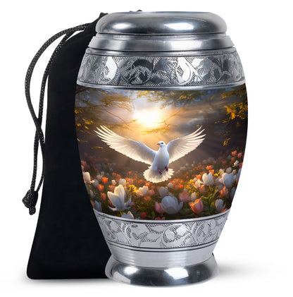 Bird Urn for Human Ashes with Silver Finish and White Dove, Autumn Floral Cremation Urn