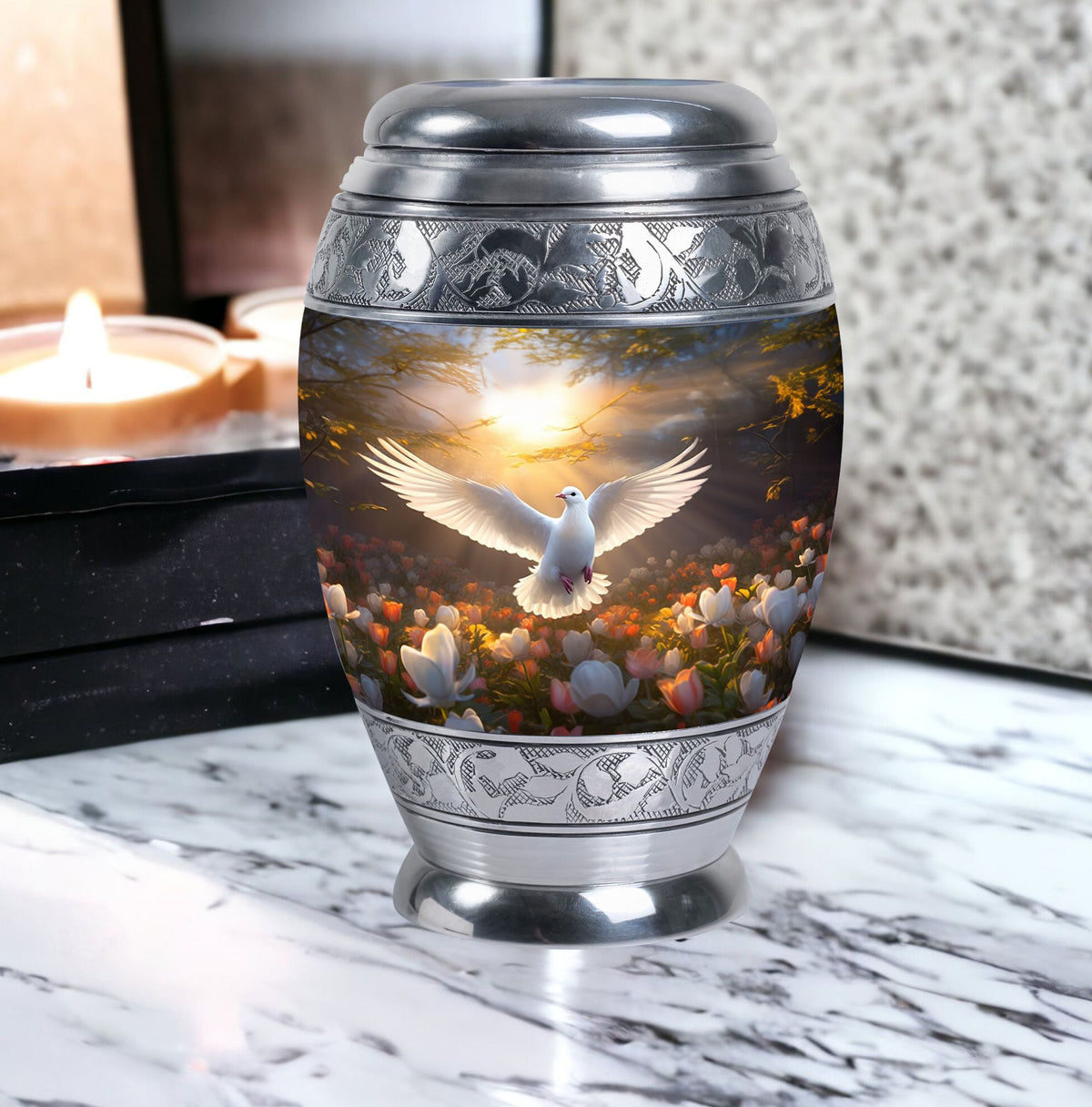 Dove Memorial Urn, classic aluminium cremation urn for ashes