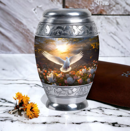 Dove Memorial Urn, classic aluminium cremation urn for ashes