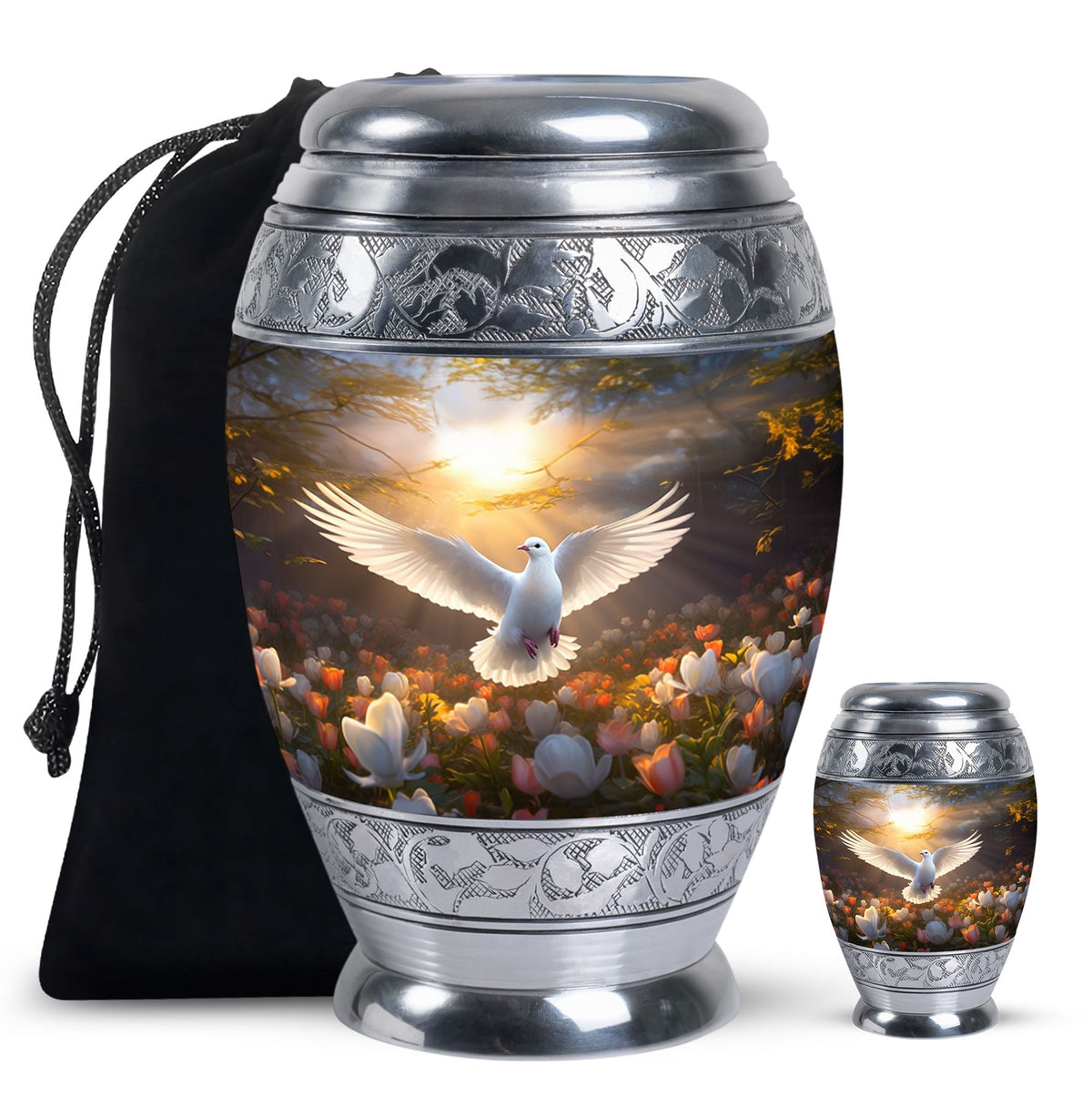 Bird Urn for Human Ashes with Silver Finish and White Dove, Autumn Floral Cremation Urn