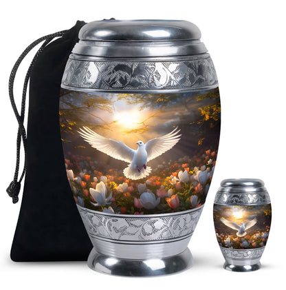 Bird Urn for Human Ashes with Silver Finish and White Dove, Autumn Floral Cremation Urn