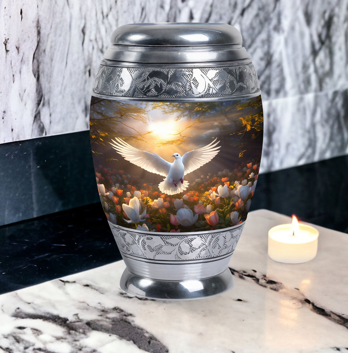 Dove Memorial Urn, classic aluminium cremation urn for ashes