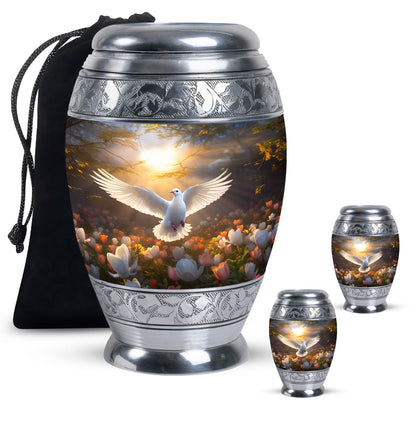 Bird Urn for Human Ashes with Silver Finish and White Dove, Autumn Floral Cremation Urn