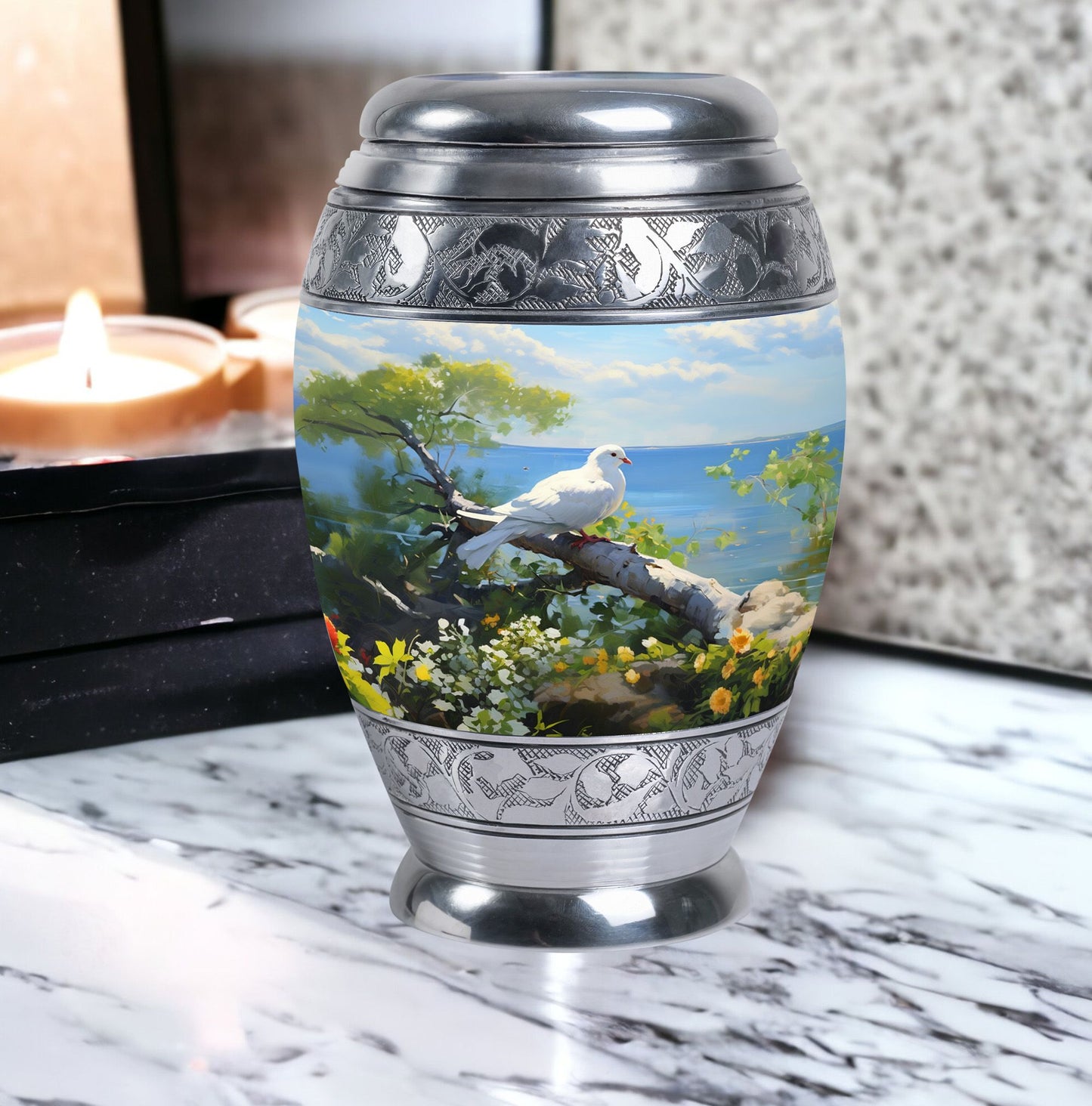 Dove Memorial Urn, 3-inch large aluminium classic urn.
