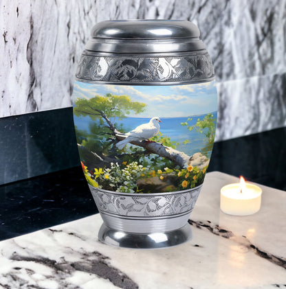 Dove Memorial Urn, 3-inch large aluminium classic urn.