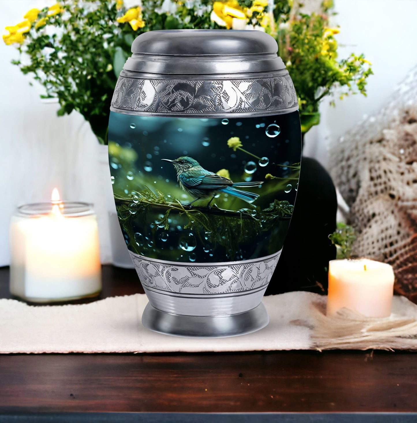 Classic Green Sparrow Aluminium Cremation Urn for Mother.